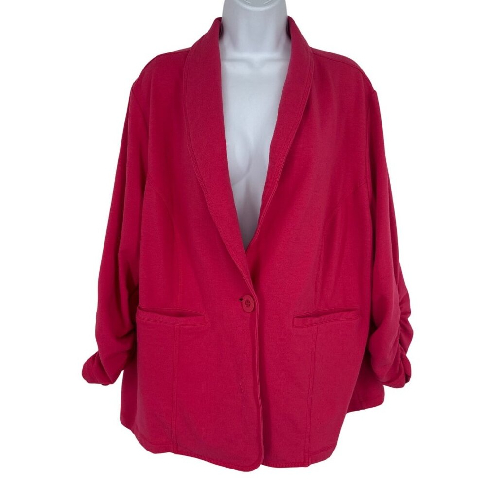 Susan Graver Womens Ruched Sleeve Single Button Cardigan Jacket 2X Pink